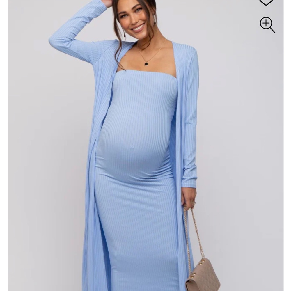 Light Blue Ribbed Maternity Dress with Cardigan
